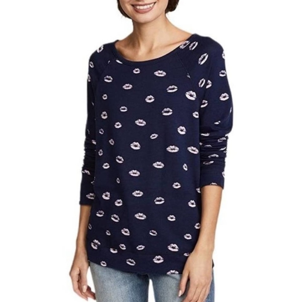 JOIE ANNORIA LONG SLEEVE B KISS PRINTED SWEATSHIRT IN NAVY & PINK S